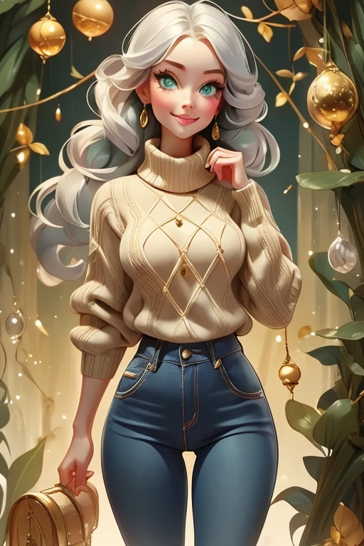 Perfect face. Perfect hands. A young silver haired woman with green eyes and an hourglass figure in a cute sweater and jeans is decorating a tree with a big smile