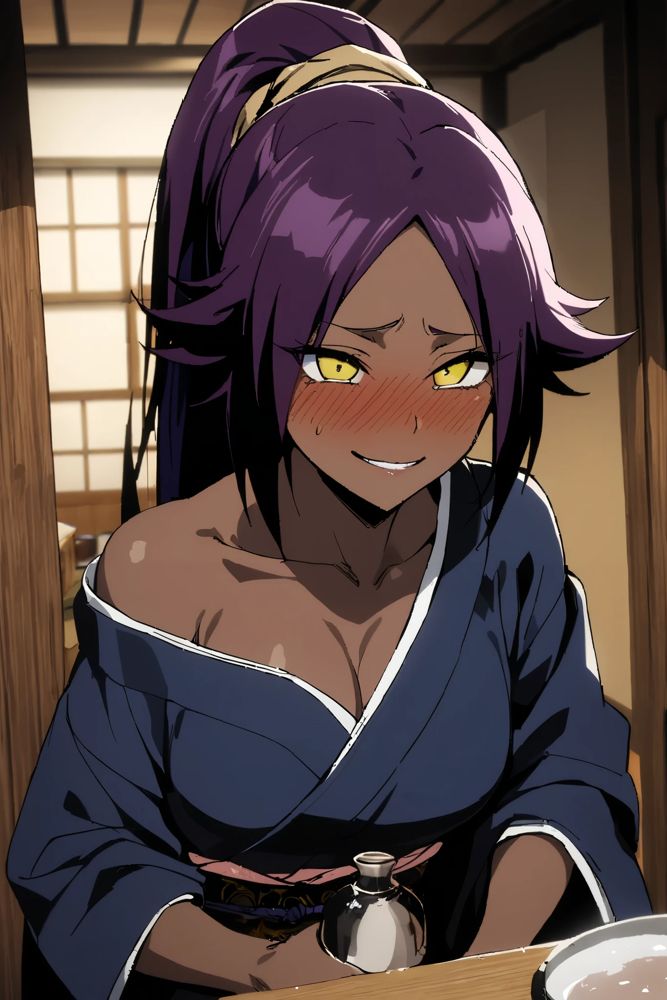 NSFW,masterpiece, top quality , High Definition , very detailed,Yoruichi Shihouin\(BLEACH\), long hair、 yellow eyes、 ponytail、Purple Hair、 dark skin 、 dark skin の女性, kimono,yukata,hostel,Japanese-style room, drunk,Alcohol, Japanese sake ,Bad Smile,blush