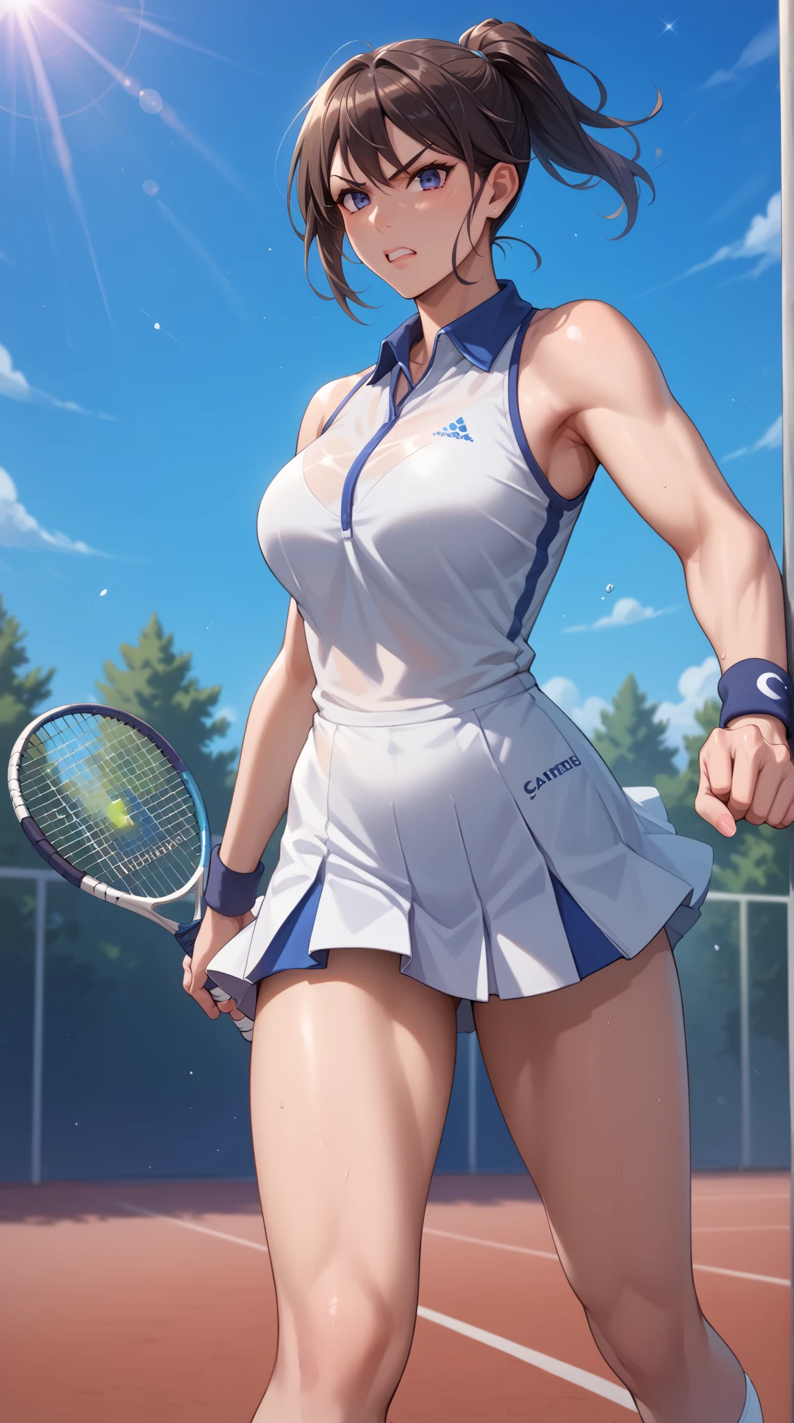 ((Masterpiece)), ((Best Quality)),Ultra High Resolution, Caustics, Detailed, Beautiful Detailed FACE,Perfect Anatomy,nsfw,cowboy shot,solo20 year old beauty、日Book人、black hair,short bob hair,black eyes,slender body,ideal ratio body proportions,medium breasts,tan skin,gleaming skin,oily skin,shiny skin,(sweat:1.3,kneeling),painful expression、heavy breathing、steam,,(tennis uniform、white polo shirt、White pleated mini skirt、perfect white panties,Clothes that are see-through with sweat),Tennis Racket1Book、Correctly drawn tennis racket、outdoors、Tennis court、
