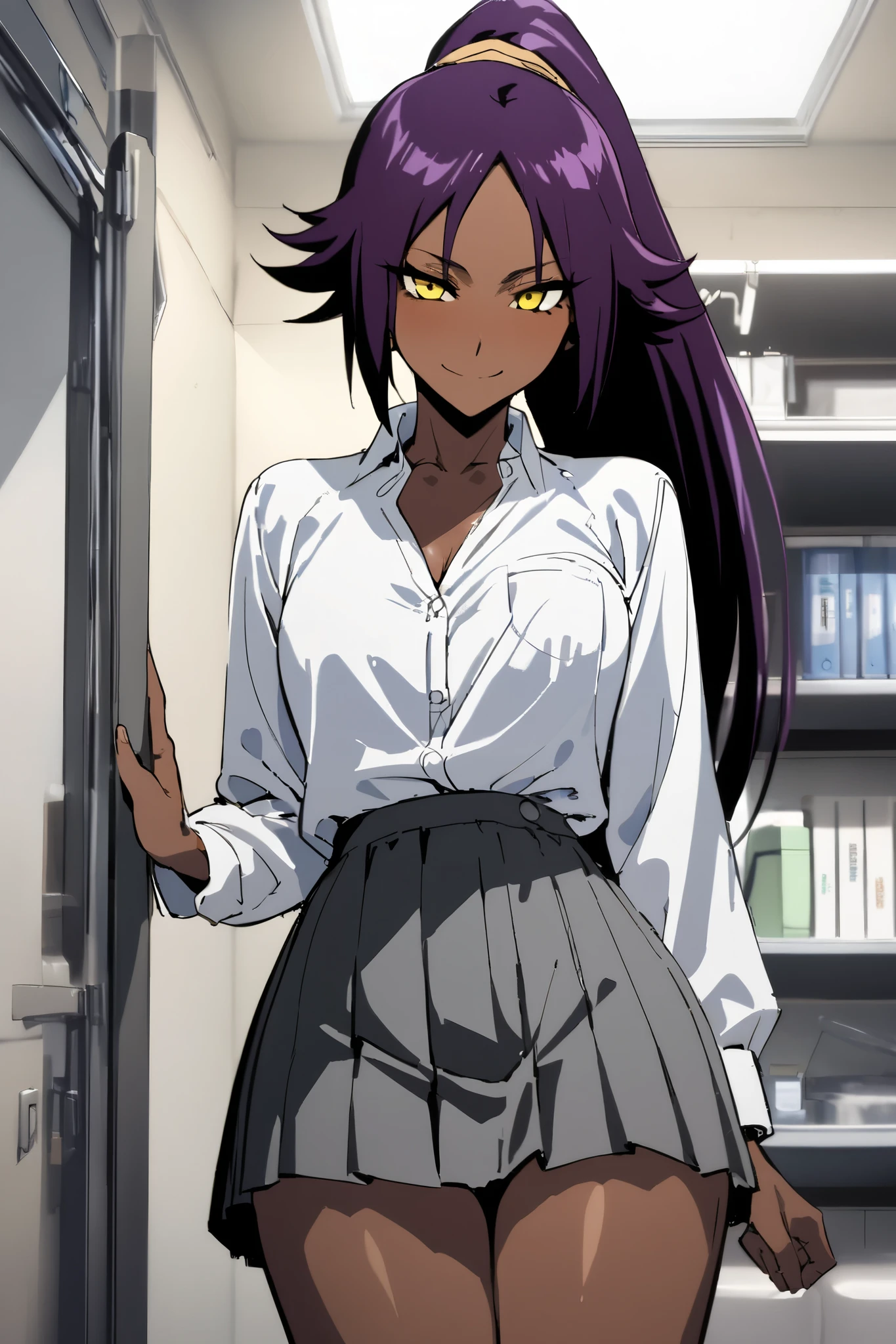 NSFW,masterpiece, top quality , High Definition , very detailed,Yoruichi Shihouin\(BLEACH\), long hair、 yellow eyes、 ponytail、Purple Hair、 dark skin 、 dark skin の女性, school uniform, dress shirt, miniskirt,School,Health Room,smile