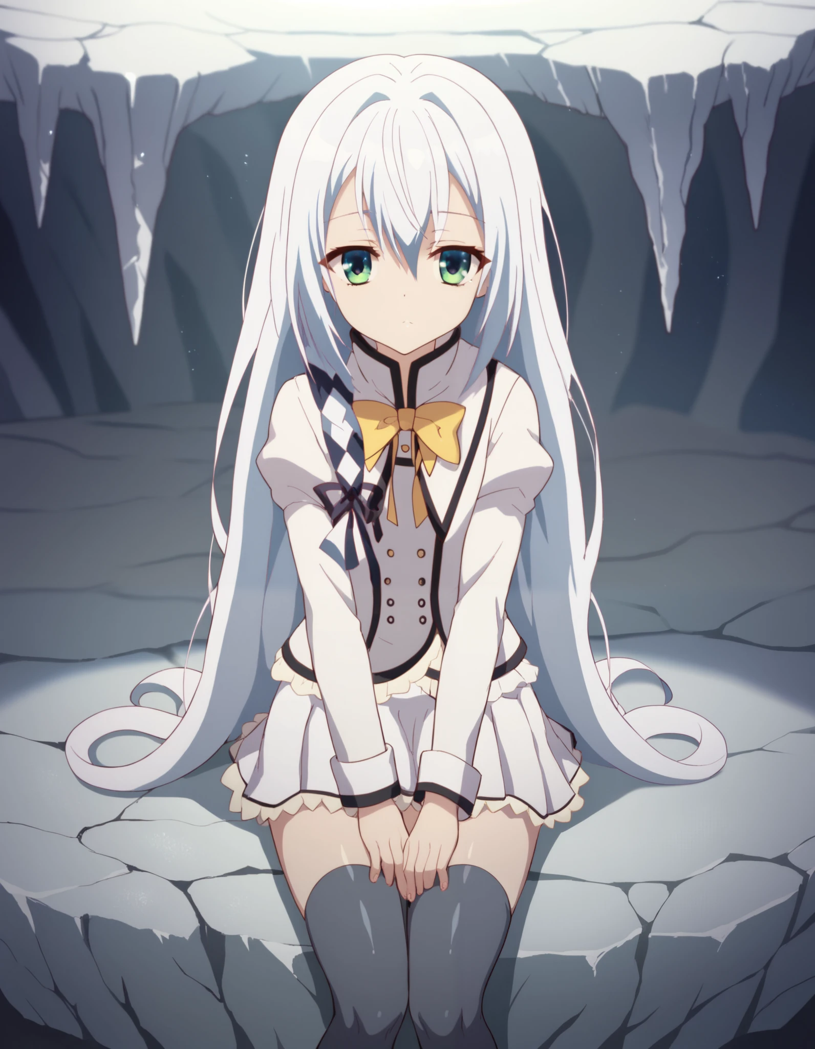 (((Terminus Est))), (((SEIREI TSUKAI NO BLADE DANCE))), beautiful, loli, white hair, milky white skin, expressionless face, eyes that are blue with a tint of green. Sitting on a rock, cave, legendary cave, natural lighting, cinematic lighting, dark and moody, dramatic lighting.jacket, white jacket, yellow tie, skirt, short skirt, white skirt, thighhighs,dinamic pose