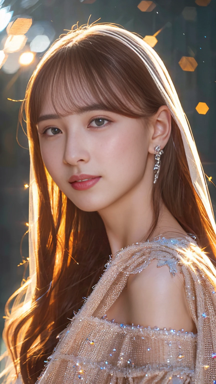  as if their whole body is made of clear crystals 、 hyperrealistic image of a beautiful young woman 。skin、hair、Everything, even the clothes, have changed to clear, shining crystals 、 reflecting light like an exquisitely cut jewel