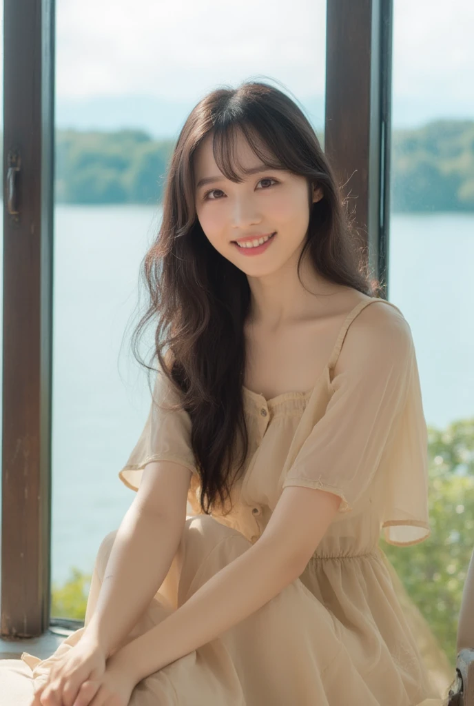 A charming and picturesque portrayal of an cute young East-Asian woman with bangs,long, flowing brown hair and bright, captivating eyes. She sits casually on a wooden bench by a large window overlooking a serene lakeside view under a bright, clear sky. Her relaxed pose and soft smile exude warmth and approachability, complemented by her simple yet elegant beige dress with delicate button details. The scene captures a perfect balance of natural beauty, tranquility, and inviting charm