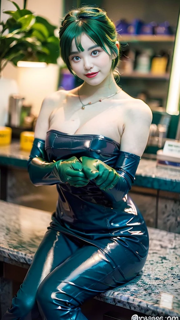 (masterpiece, top quality ,Ultra delicate,  perfect face,16k,   High Definition  ,  very cute girl), Atsugesho:1.3,  green hair ,  Blue Latex Bodycon Dress ,   Long Blue Latex Gloves  , Light Green Tights ,  Big Breasts , ,   white skin, ((Cosmetics counter  )),   necklace,  smile ,  cowboy shot showing shoulders