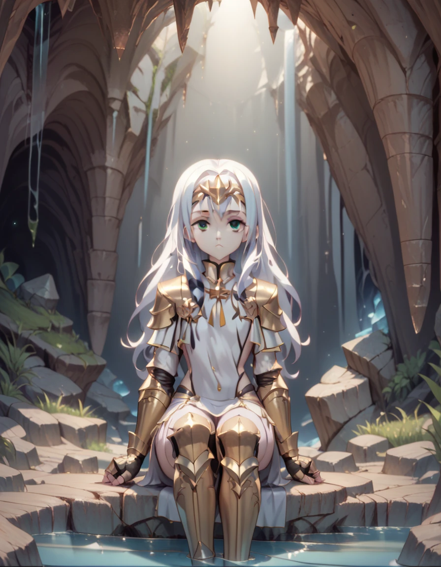 (((Terminus Est))), (((SEIREI TSUKAI NO BLADE DANCE))), beautiful, loli, white hair, milky white skin, expressionless face, eyes that are blue with a tint of green. Sitting on a rock, cave, legendary cave, natural lighting, cinematic lighting, dark and moody, dramatic lighting. Knight armor, heavy armor