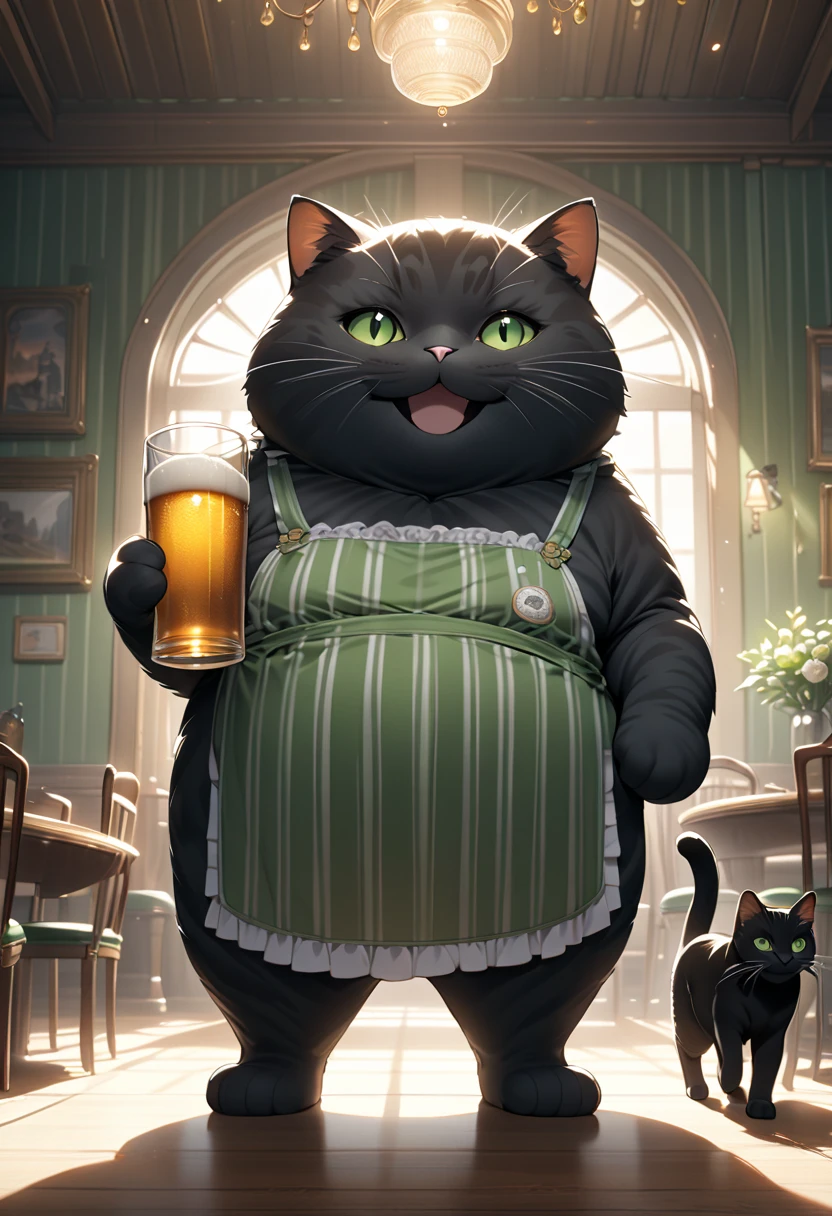 (masterpiece), (ultra-detailed), (best quality), (clear focus), (dramatic scene), (cinematic), shadow, (ultra-high resolution), (8k), perfect anatomy, perfect face, (detailed face), (detailed eye), (the giant chubby black cat is wearing a vertical striped green apron:1.2), (standing like a human at the dining room), (holding a large glass of beer on the tray:1.2), gentle sunlight, professional lighting, (the cat is showing smile:1.2), (Detailed cat:1.2),