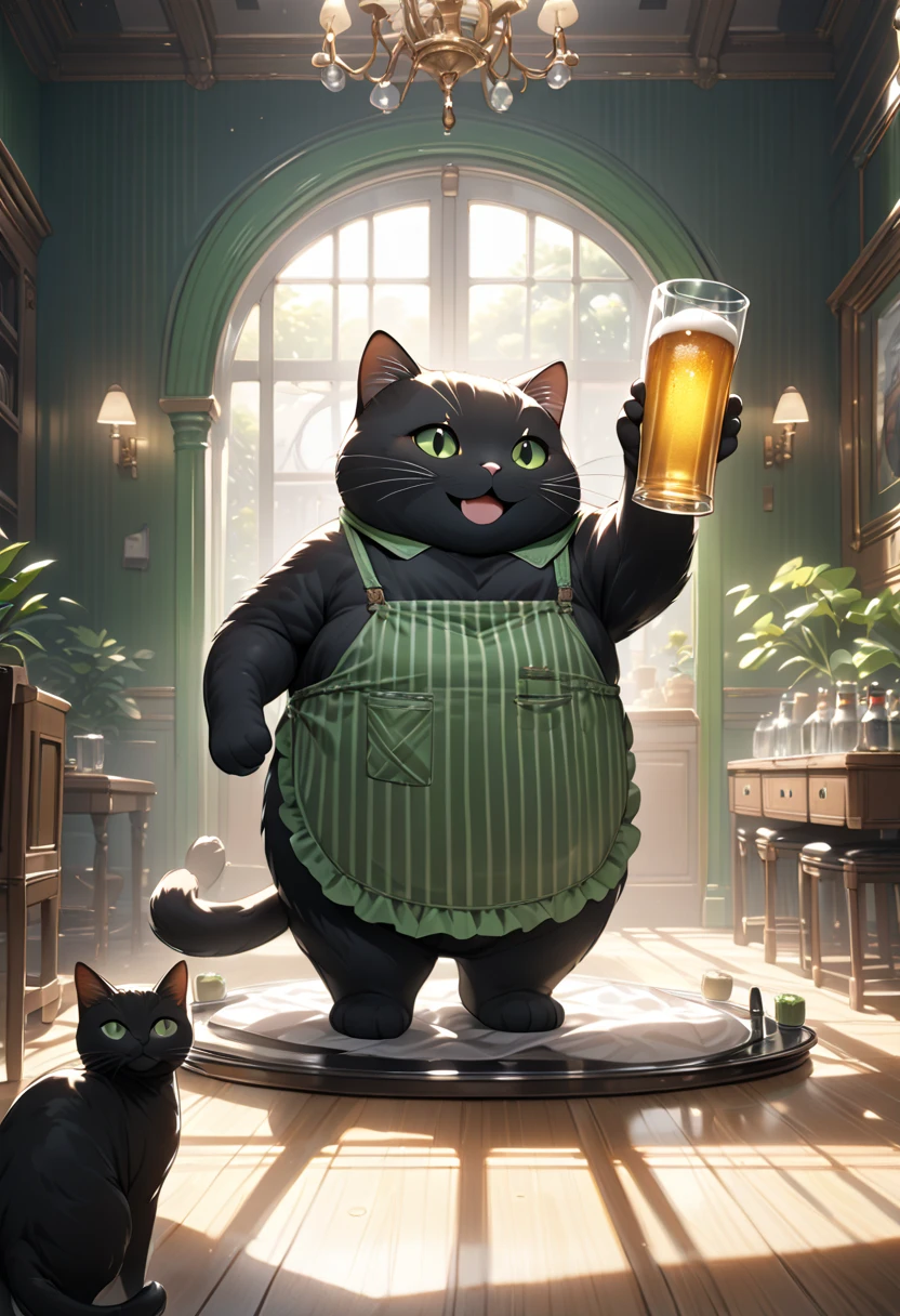 (masterpiece), (ultra-detailed), (best quality), (clear focus), (dramatic scene), (cinematic), shadow, (ultra-high resolution), (8k), perfect anatomy, perfect face, (detailed face), (detailed eye), (the giant chubby black cat is wearing a vertical striped green apron:1.2),  (standing like a human in front of door of the room), (waving both hands like a human:1.2), gentle sunlight, professional lighting, (the cat is surprised and showing big smile:1.2), (Detailed giant black cat:1.3), 