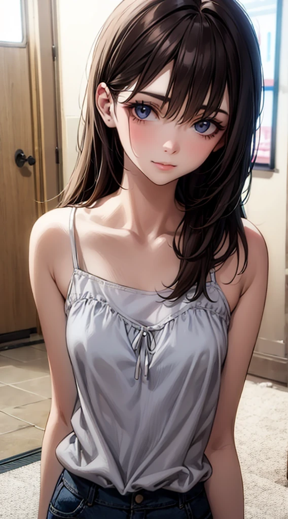 Highest quality、High school girls、16 years old, 8K、RAW Photo、（skin：1.2）、Ultra-high resolution、（lens：50mm）、（F/1.2）、look backポーズ, Exquisitely drawn eyes、looking at the camera、Beautiful Face, (Fair skin), light makeup, Slender body, ((Medium chest, 美しいBody lines)), （Droopy eyes：1.2）、(Delicate eyelashes), （Embarrassed face：1. 2), (Red cheeks), 16 years old, Medium Hair, ( bangs, The hair is shiny), , Dark Eyes, 白いskin, Sexy pose,(look back), beautiful girl, Very beautiful student, White camisole, (Lace camisole ),(Butt, Panties), Knee-high socks, Body lines, (Bright windowsill:1.1), Shallow depth of field