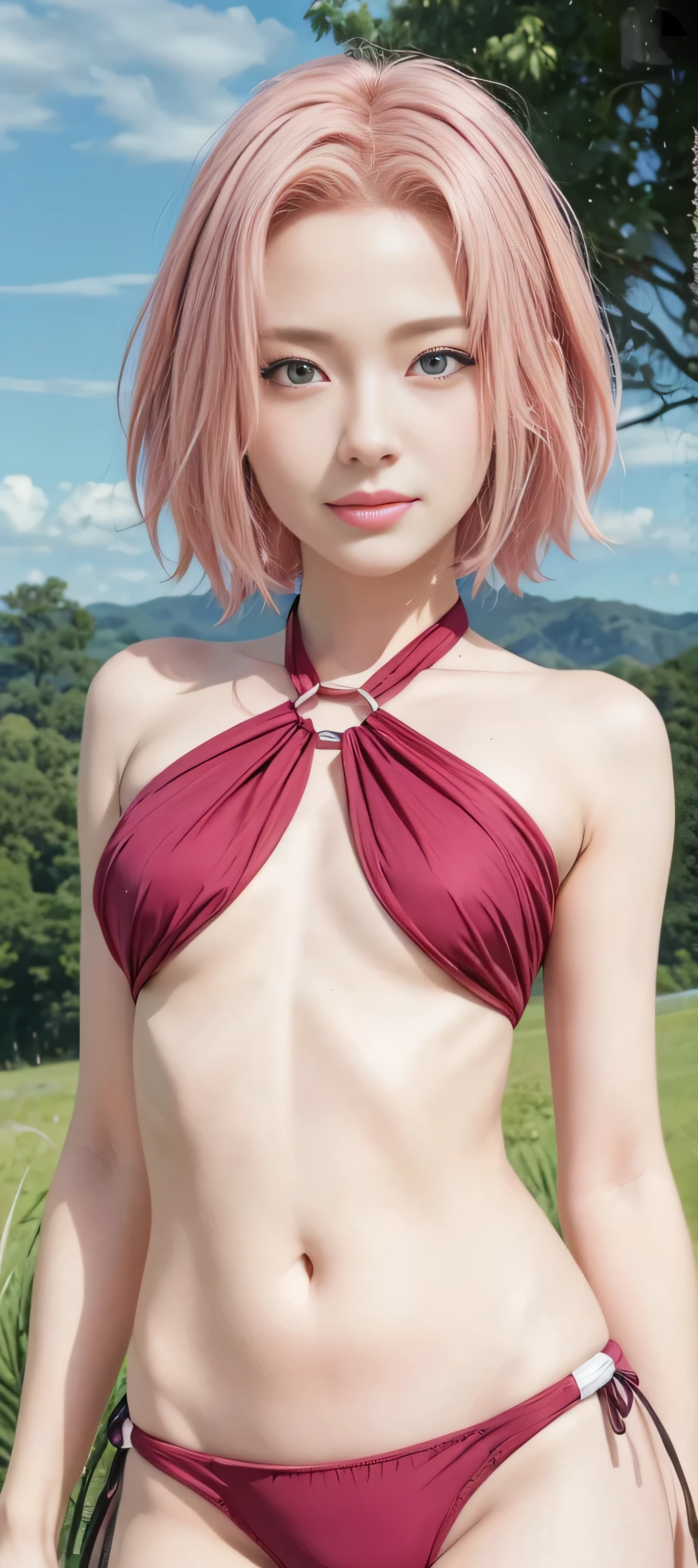 masterpiece, best quality, (realistic,photo-realistic:1.4), (RAW photo:1.2), extremely detailed CG unity 8k wallpaper, delicate and beautiful, amazing, finely detail,official art, absurdres, incredibly absurdres, huge filesize, ultra-detailed, extremely detailed, extremely detailkcaled girl,extremely detailed eyes and face, light on face,little smiles,(short hair:1.7),(pink hair:1.3),(grass field background:1.4),haruno sakura,( girl:1.3),(bikini:1.4)