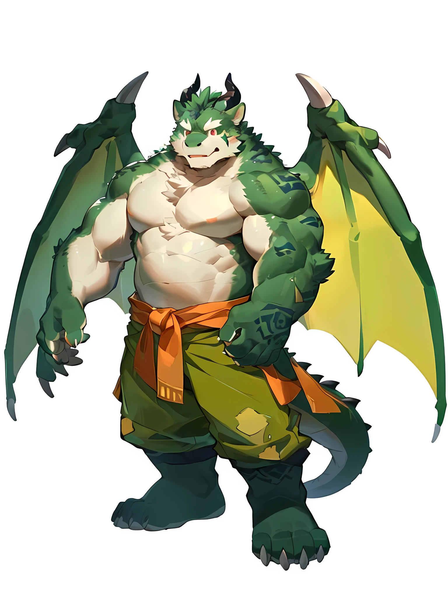 Uploaded on e621, (male wolf), standing, wings,solo, muscles, detailed fur texture, (tribal clothing, ((long loincloth))), green body, dragon scale belly, dawn, shadow, dim environment, (art of Chuni, (drachheim), (rakisha), (cantana gassen)), (front view), looks angry, [detailed background], detailed pupils, masterpiece artwork, caustics, edge lighting, single light source, sharp shadow, personal portrait, (fingers, toe claws), (Green Wolf), by Inessa Garmash, Greg Rutkowski, Pino Daeni, Ruan Jia, brown eyes, curly horned behind ears, brown hair in horsetail, dragon scale black calves, dragon scale black forearms