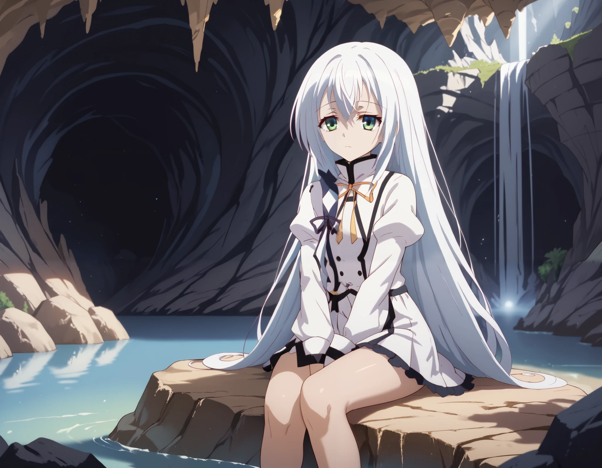 (((Terminus Est))), (((SEIREI TSUKAI NO BLADE DANCE))), beautiful, loli, white hair, milky white skin, expressionless face, eyes that are blue with a tint of green. Sitting on a rock, cave, legendary cave, natural lighting, cinematic lighting, dark and moody, dramatic lighting.