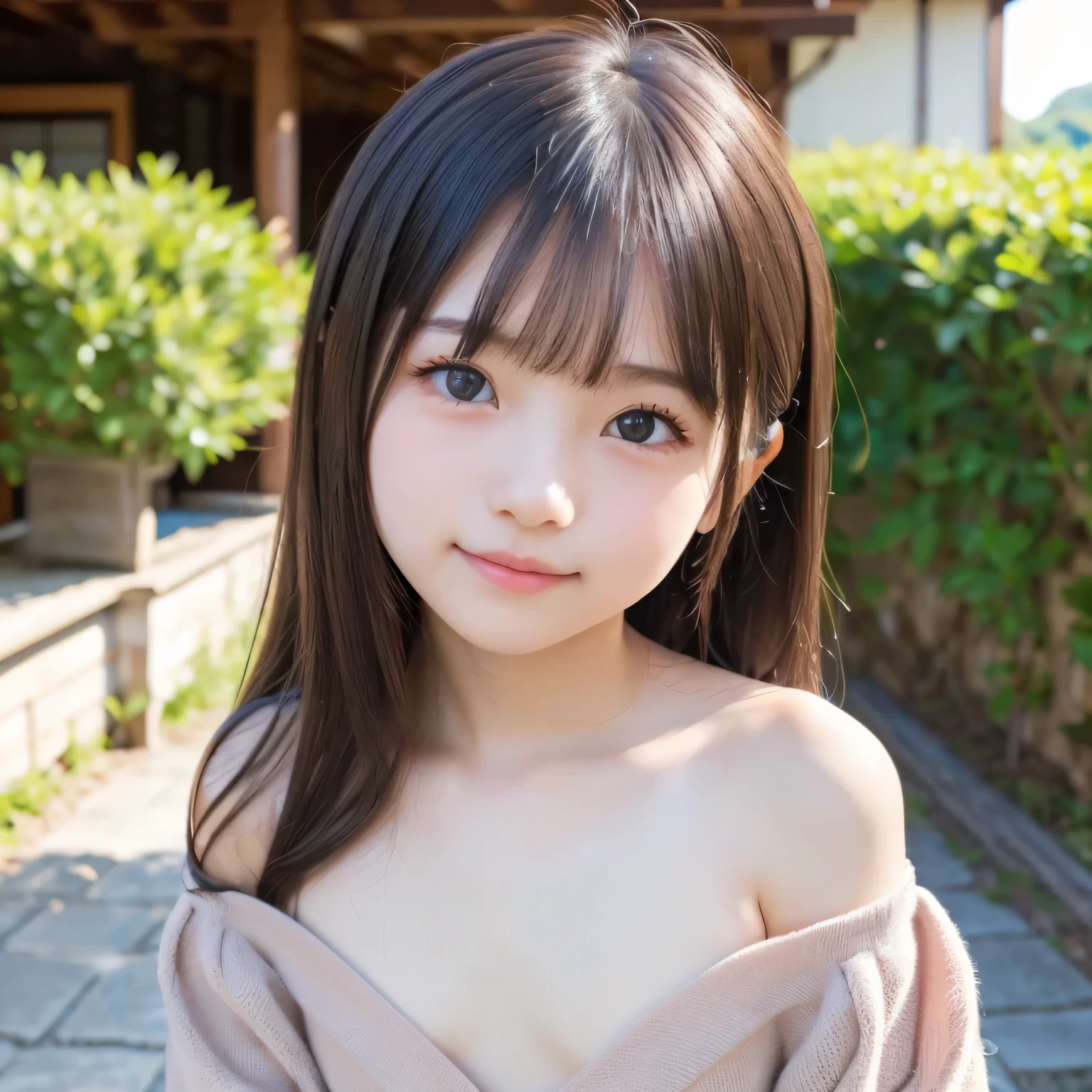  top quality 、8k,, Dark Brown Eyes 、(((Completely naked))),smile,((( ))),((( cute little sister))),、(((Swollen face)))、(((Round face))), big eyes,  round eyes、 no makeup、Japanese countryside house、(((flat chest))),、((( upper body photo))),(((Too cute girl)))