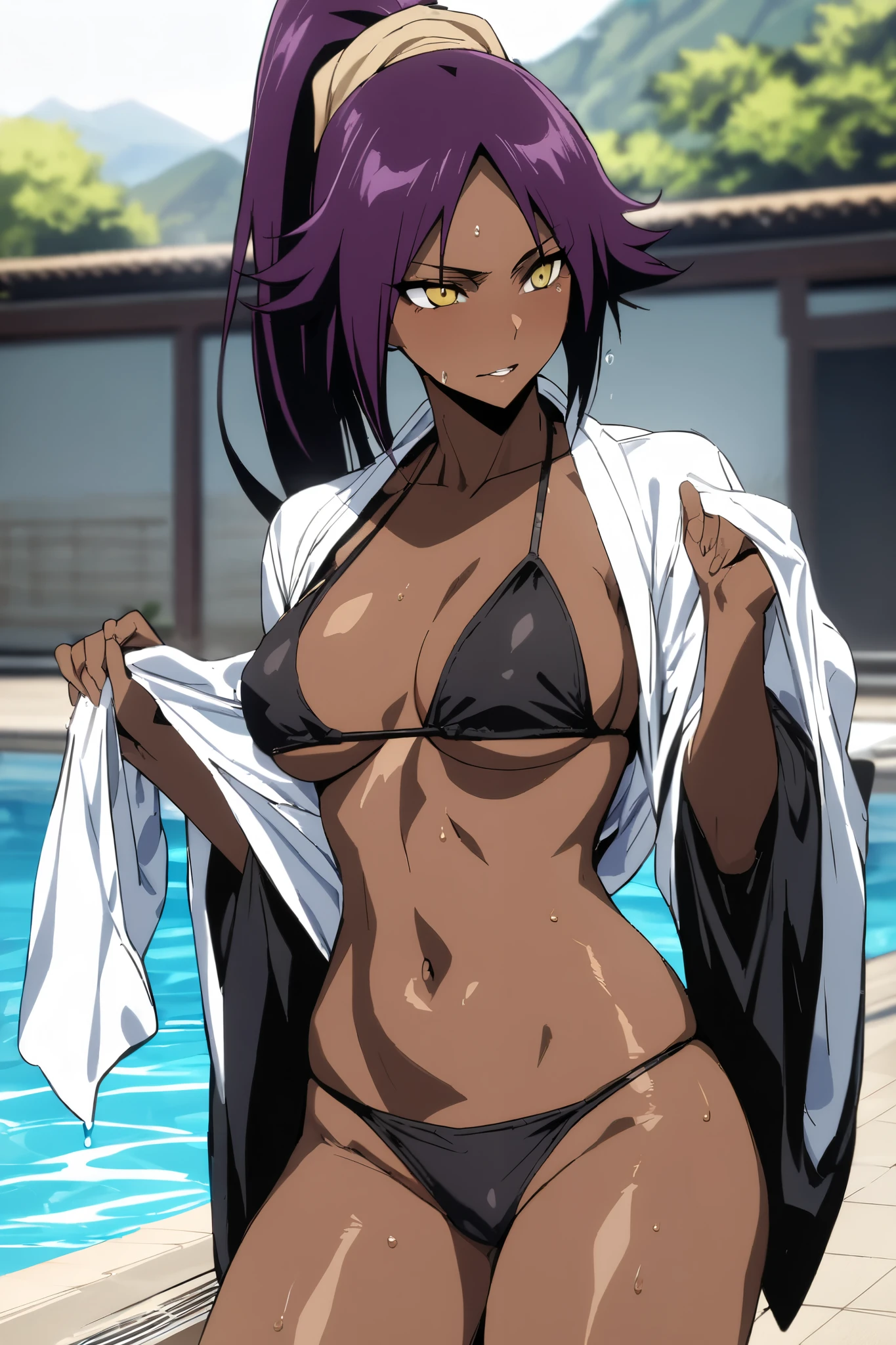 NSFW,masterpiece, top quality , High Definition , very detailed,Yoruichi Shihouin\(BLEACH\), long hair、 yellow eyes、 ponytail、Purple Hair、 dark skin 、 dark skin の女性, kimono,Japanese style bikini,Pool, wet