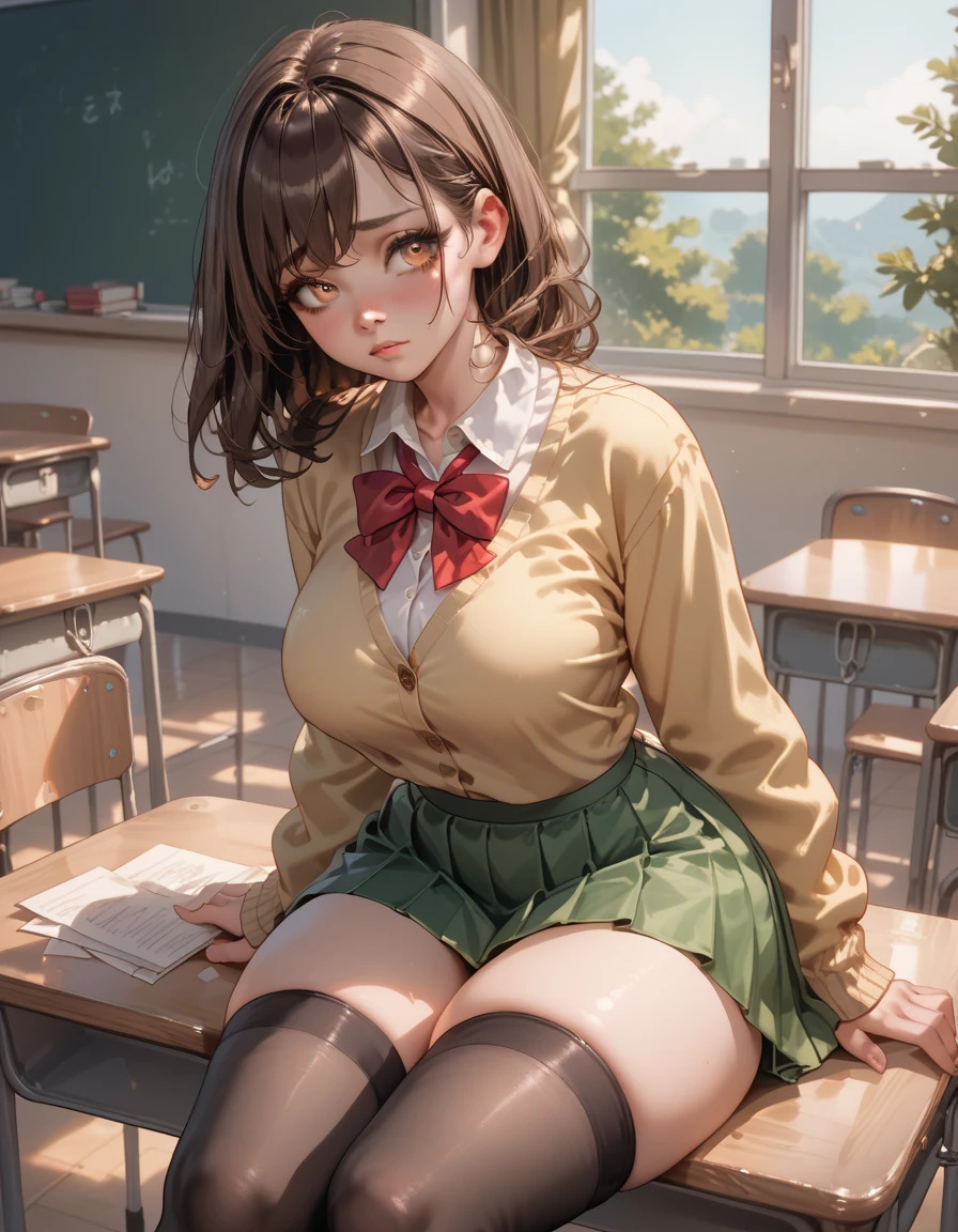 A teen girl with brown hair, amber eyes, big breasts, thick thighs, white blouse, yellow cardigan, black stockings, green skirt, red ribbon, high school girl, sitting on desk, classroom, warm light, afternoon, shy gaze, adorable