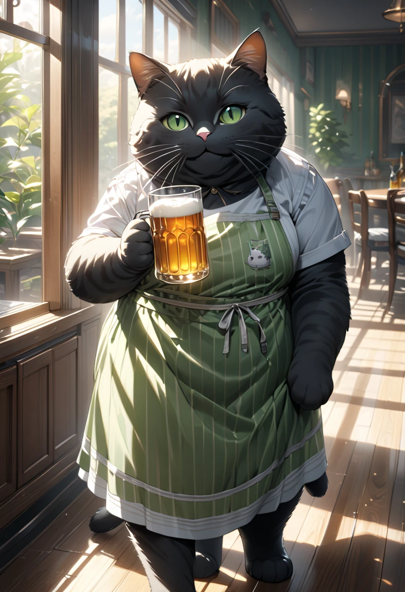 (masterpiece), (ultra-detailed), (best quality), (clear focus), (dramatic scene), (cinematic), shadow, (ultra-high resolution), (8k), perfect anatomy, perfect face, (detailed face), (detailed eye), (the giant chubby black cat is wearing a vertical striped green apron:1.2), (standing like a human at the dining room), (holding a large glass of beer on the tray:1.2), gentle sunlight, professional lighting, (the cat is showing smile:1.2), (Detailed cat:1.2),