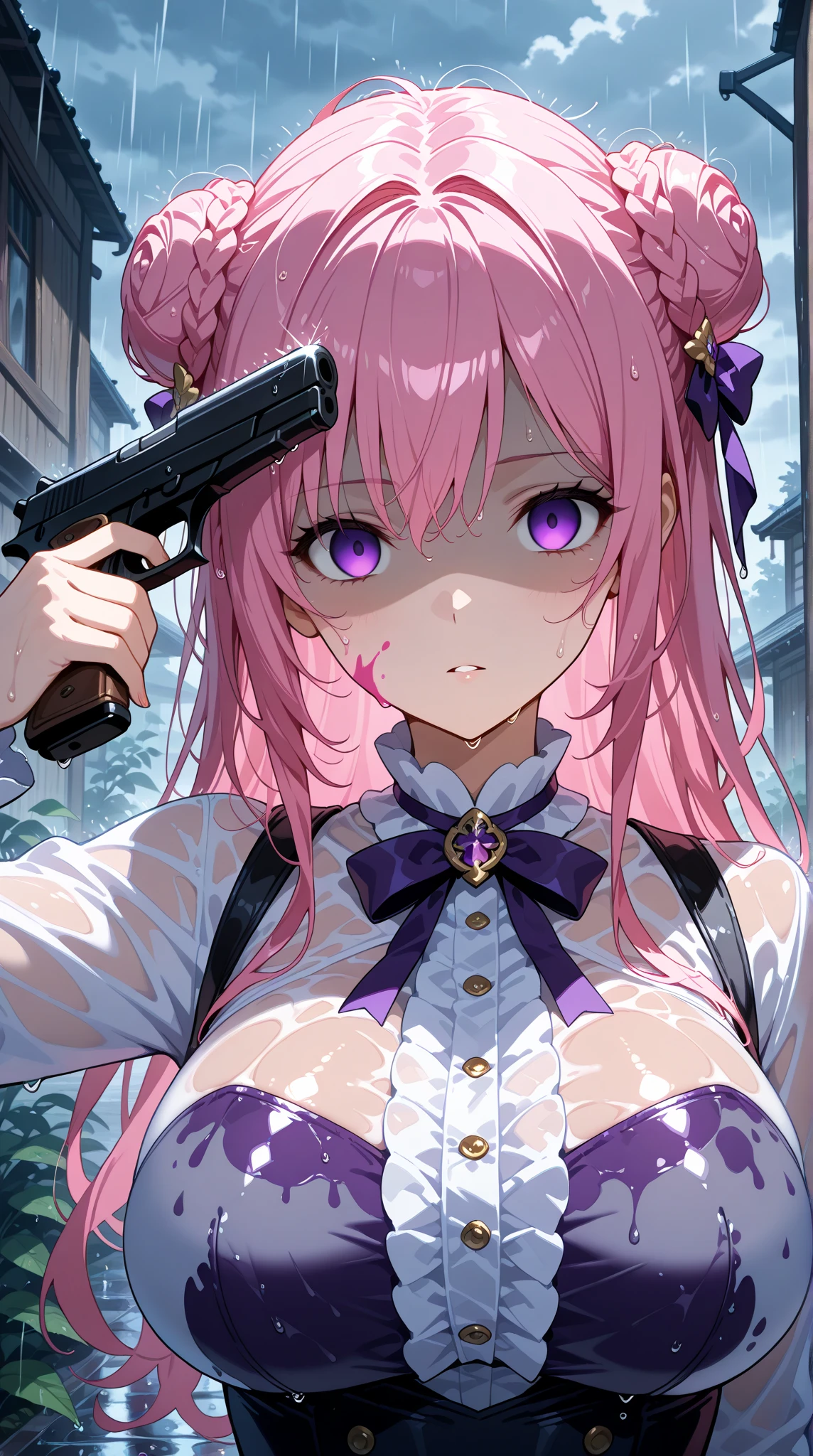 , 1 girl, Alone, dorothyalt, pink hair,  long hair, Braided bun ,  hair bow, hair accessories, purple eyes, Very wet skin, wet,  wet hair ,  messy hair ,  big breasts, Dark ,rain,rainy day, immediate _suicide, finger on trigger ,hand gun, gun to head ,holding gun with both hand,paint splatter, dramatic lighting, looks at the viewer , shaded face ,Empty eyes, heavy rain,muted color 