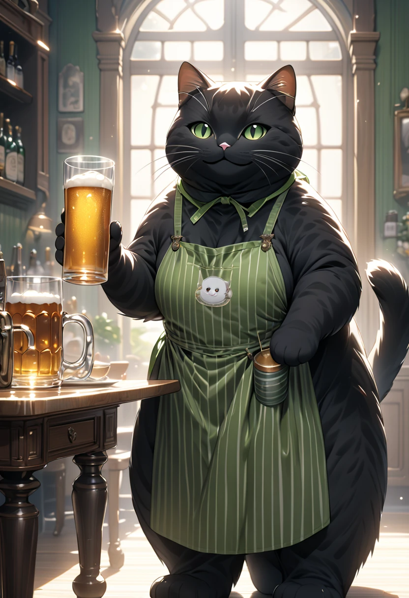 (masterpiece), (ultra-detailed), (best quality), (clear focus), (dramatic scene), (cinematic), shadow, (ultra-high resolution), (8k), perfect anatomy, perfect face, (detailed face), (detailed eye), (the giant chubby black cat is wearing a vertical striped green apron:1.2), (standing like a human at the dining room), (holding a large glass of beer on the tray:1.2), gentle sunlight, professional lighting, (the cat is showing smile:1.2), (Detailed giant black cat:1.2),