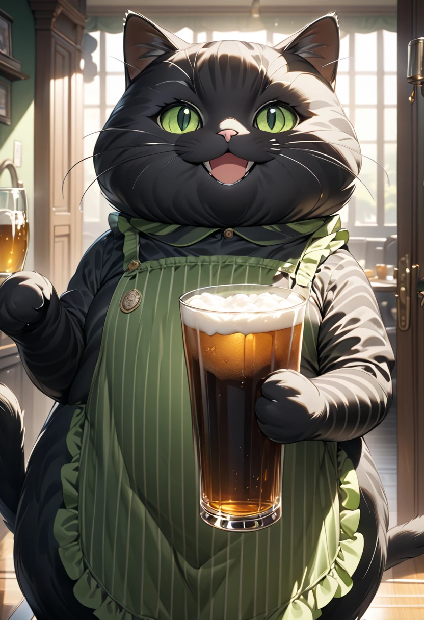 (masterpiece), (ultra-detailed), (best quality), (clear focus), (dramatic scene), (cinematic), shadow, (ultra-high resolution), (8k), perfect anatomy, perfect face, (detailed face), (detailed eye), (the giant chubby black cat is wearing a vertical striped green apron:1.2), (standing like a human at the dining room), (holding a large glass of beer on the tray:1.2), gentle sunlight, professional lighting, (the cat is showing smile:1.2), (Detailed giant black cat:1.2),