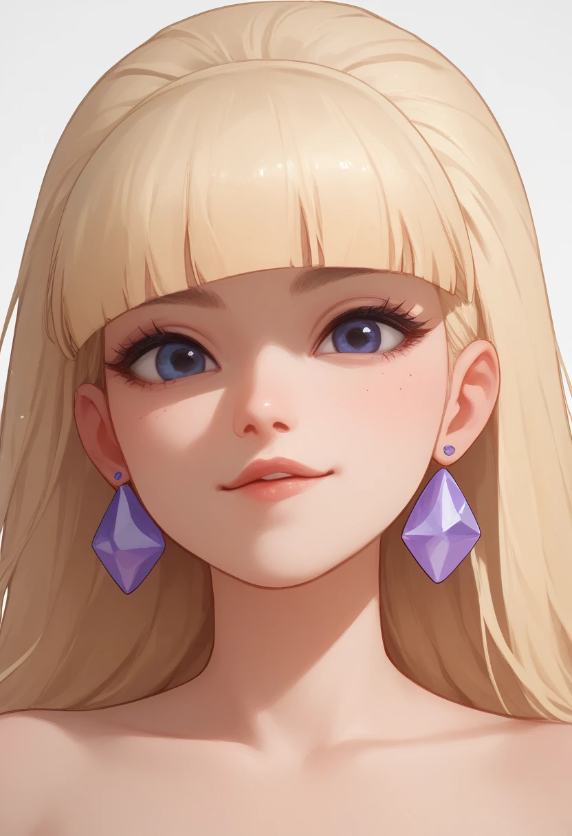 account_9, account_8_ex, account_7_ex, account_6_ex, account_5_ex, account_4_ex, pacifica, 1 girl, solo, long blonde hair with bangs, hand on hip, dark blue eyes, purple shadows, round lavender earrings, looks at the viewer, instagram model, simple white background, sexiest model.