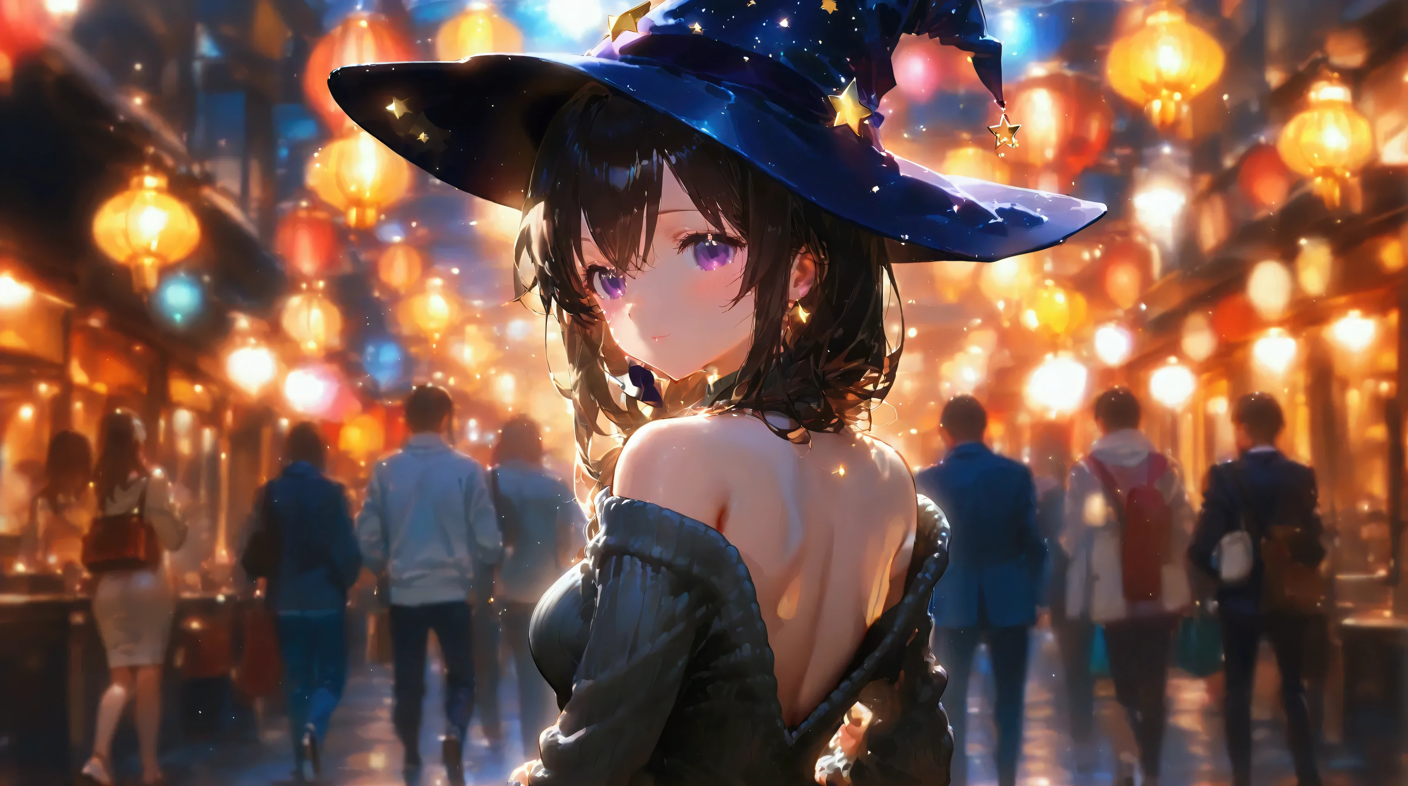 cute magician anime girl、Single( full body from head to toe )、 Off Shoulder Sweater Dress、Trump、 Scenario Backdrop