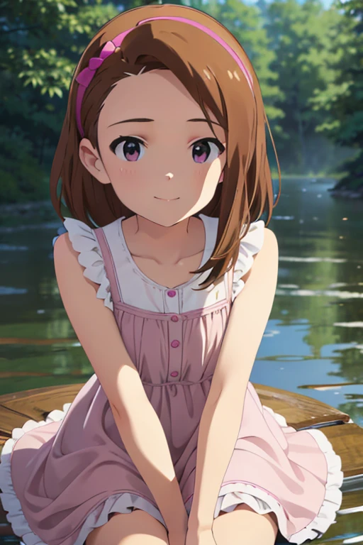  shiny brown hair ,  short hair, (Sparkling Eyes, fine grain)、smile、 super detailed eyes、 highly detailed face,  very detailed eyes, cowboy shot showing shoulders、
, Alone, masterpiece,  top quality , 8k,  High Definition , 
Sit on the water,   pink dress ,  pink sundress,  in the forest , ,  
  small breasts,  highly detailed face,  very detailed eyes,   very detailed background, perfection