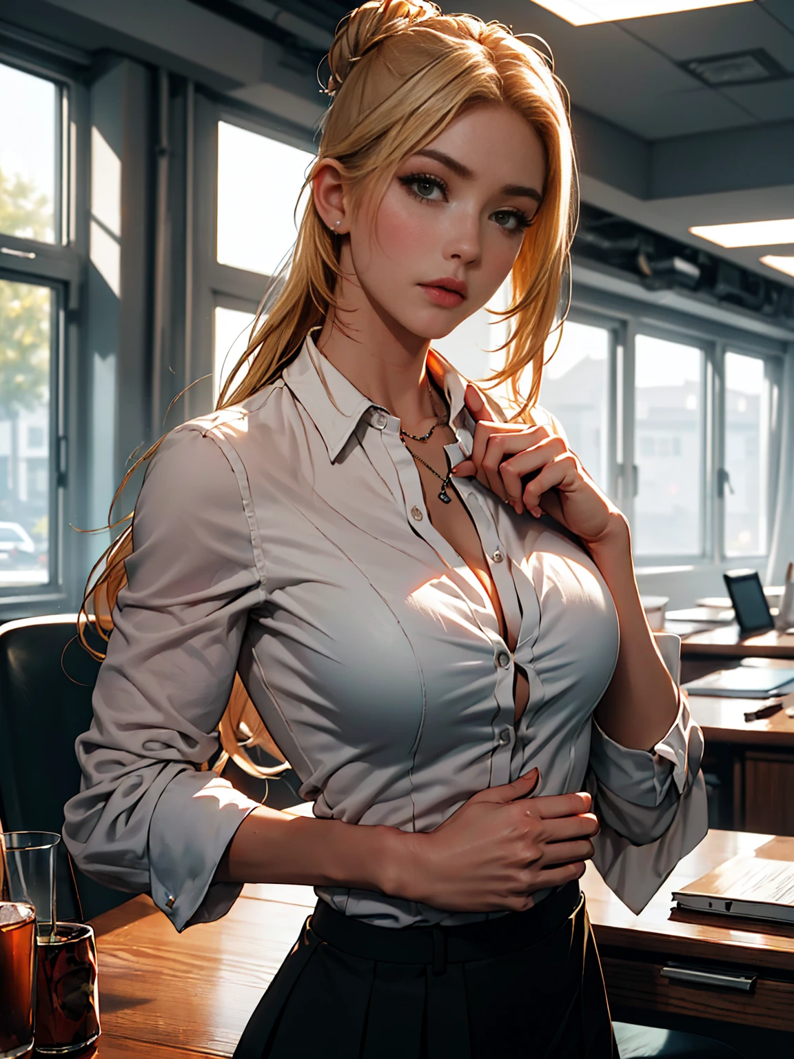 1 Girl, (alone:1.3), ditch, hot spring, Outdoor, Suit jacket, Hug your feet, of course(Blue Archive), Medium chest, Blonde, Braid, Folded ponytail, Hair Ribbon, Sexy proportions、Sexy、erotic、adult、Thin limbs、Tight body、Sheer blouse、Pencil Skirt、Black pantyhose、Stiletto heels