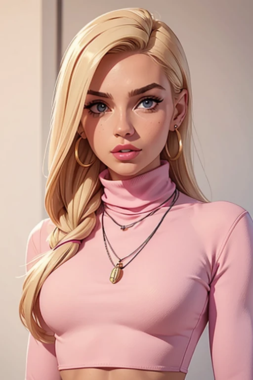 Soft cable-knit sweater, leggings, Gal, Average Height, Lean, Heart-Shaped Face, Tan Skin, Platinum Blonde Hair, Gray Eyes, Wide Nose, Pouty Lips, Sharp Chin, Long Hair, Curly Hair, Fishbone Braid, saggy breasts, Drop earrings, mauve gloss lipstick, bathroom, spotlight, gobo light