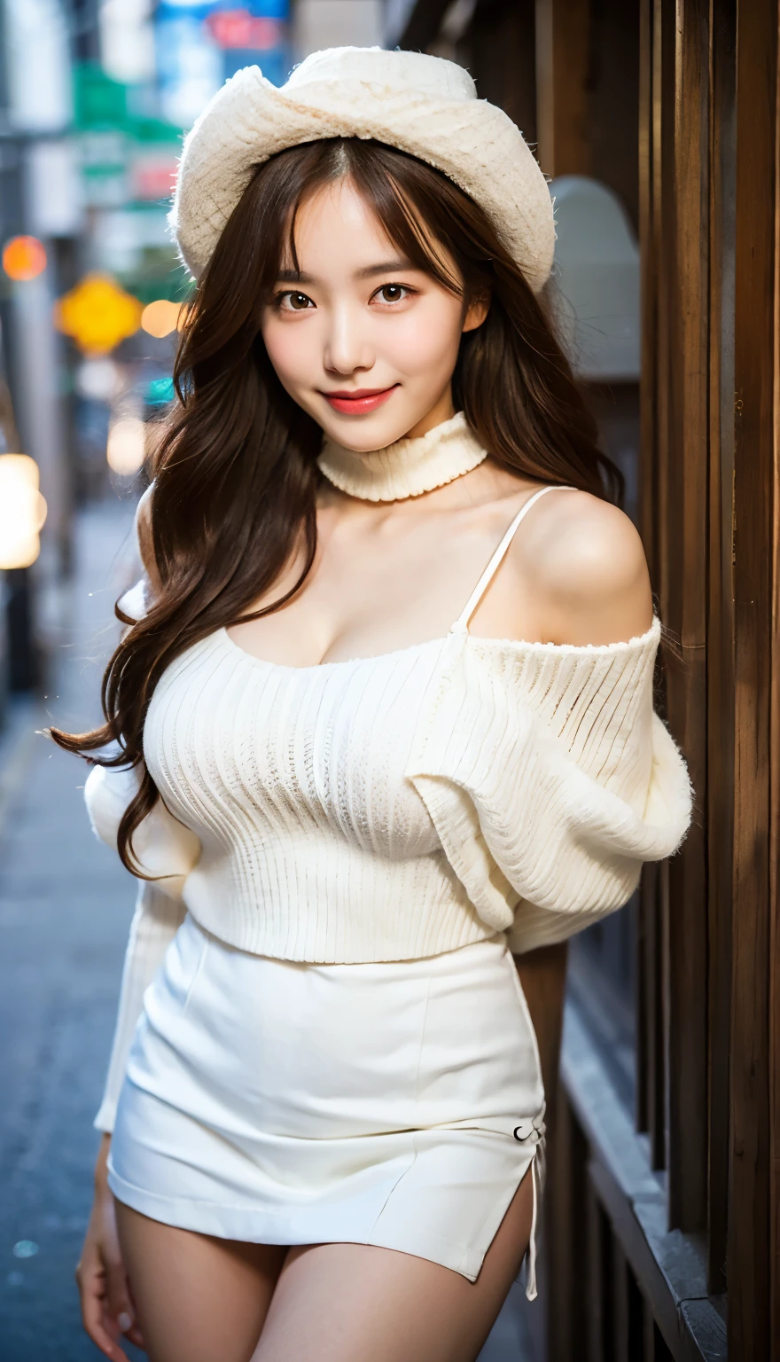 Top quality, 1 beautiful woman, Slim Body, Busty Breasts, half smile, linger, 35mm lens, f/1, cowboy shot, loose hair , street, wearing white Bell-sleeve-sweater