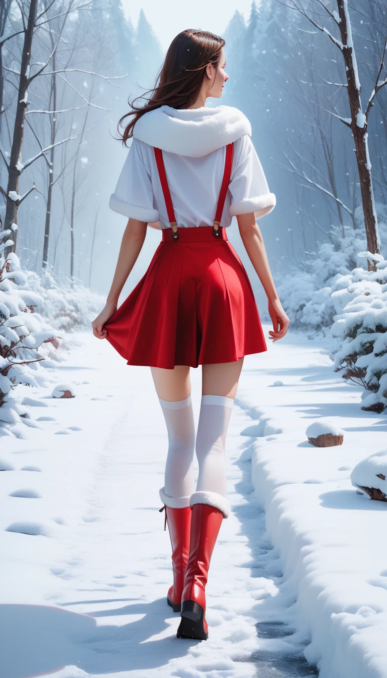 score_9,score_8_up,score_7_up,high res image,masterpiece,best quality,realistic,1girl,santa_costume,white_shirt,cape,(red skirt:1.2),(white suspenders stockings:1.2),(santa_boots:1.3),snow,shoe_print,lower_body,(walking in the snow:1.2),from behind,from_back,