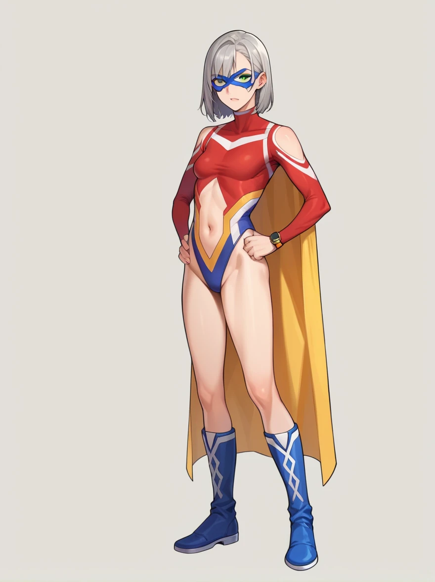 score_9, score_8_ up, score_7_ up, score_6_ up, score_5_ up, score_4_ up, break,  source_Anime,
 One girl ,   green eyes,  gray hair, 
 spandex SA , Blue Mask, s uperhero,  Long Sleeve , yellow cape , belly button,  leotards, Bare shoulders,  clothing cutout,  white knee-high , Blue Boots,
break
solo,  standing,   hands on hip ,  Watch viewers,  simple background    