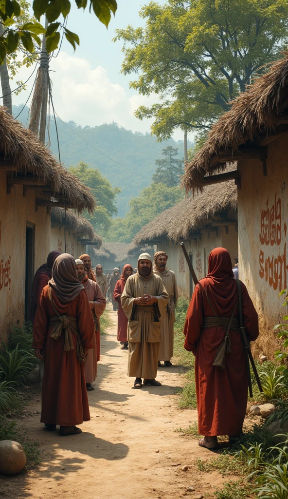 "A peaceful scene depicting early Islamic missionaries and local people of Sumatra interacting in a rural village near the Kingdom of Perlak. The missionaries are teaching the local population about Islam, with Islamic calligraphy visible on nearby walls."
