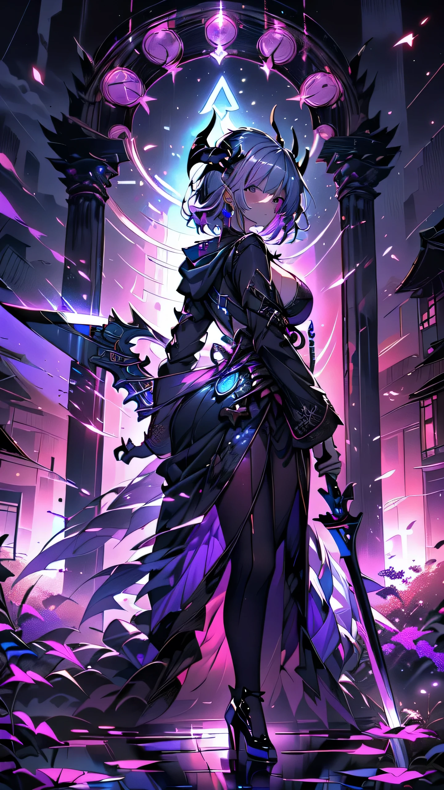 16k,Super fine,masterpiece,best quality, (silhouette art:1.4), (Double Exposure:1.3), The Queen in a stylish and sexy ninja hoodie with one eye covered with a black cloth like an eyepatch that shows off her cleavage and thighs sits cross-legged on her sinister throne, looking down with confidence and dignity in her modern, sophisticated high heels.,Bright violet and silver hair with pink streaked or violet streaked, wields an infernal Grim Reaper's huge scythe to hunt souls,Blue Moon, (close-up),Japanese neon that shines in pink and purple is reflected in a puddle.,Fantastic neon large stained glass and many jewel fragments flying in the air, refracted light and clockwork spread out against the backdrop of a mid-night Japanese garden.
