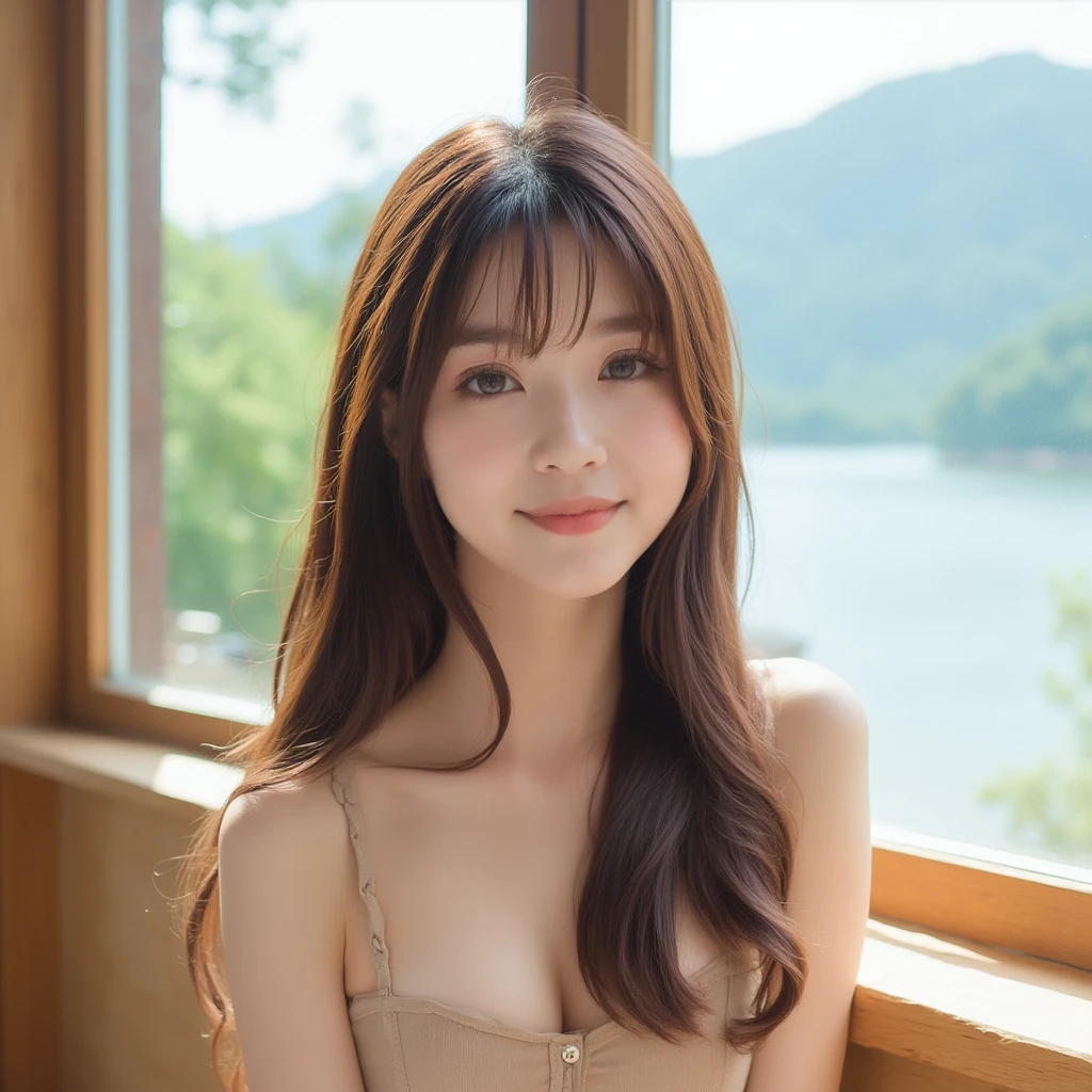 A charming and picturesque portrayal of an cute young East-Asian woman with bangs,long, flowing brown hair and bright, captivating eyes. She sits casually on a wooden bench by a large window overlooking a serene lakeside view under a bright, clear sky. Her relaxed pose and soft smile exude warmth and approachability, complemented by her simple yet elegant beige dress with delicate button details. The scene captures a perfect balance of natural beauty, tranquility, and inviting charm