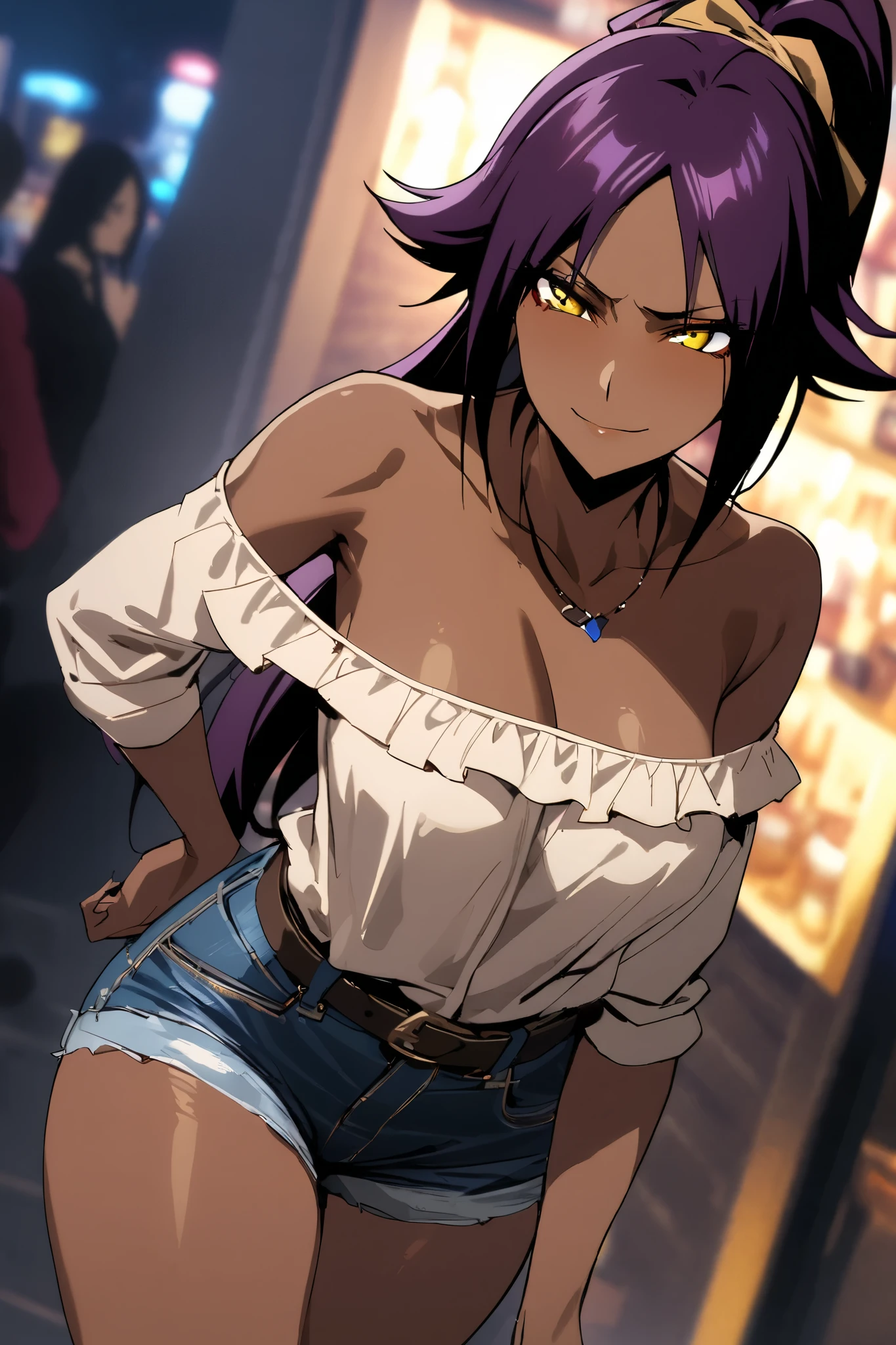 NSFW,masterpiece, top quality , High Definition , very detailed,Yoruichi Shihouin\(BLEACH\), long hair、 yellow eyes、 ponytail、Purple Hair、 dark skin 、 dark skin の女性, off-shoulder, Denim Shorts,belt, Casual , necklace,Bad Smile,Nightlife