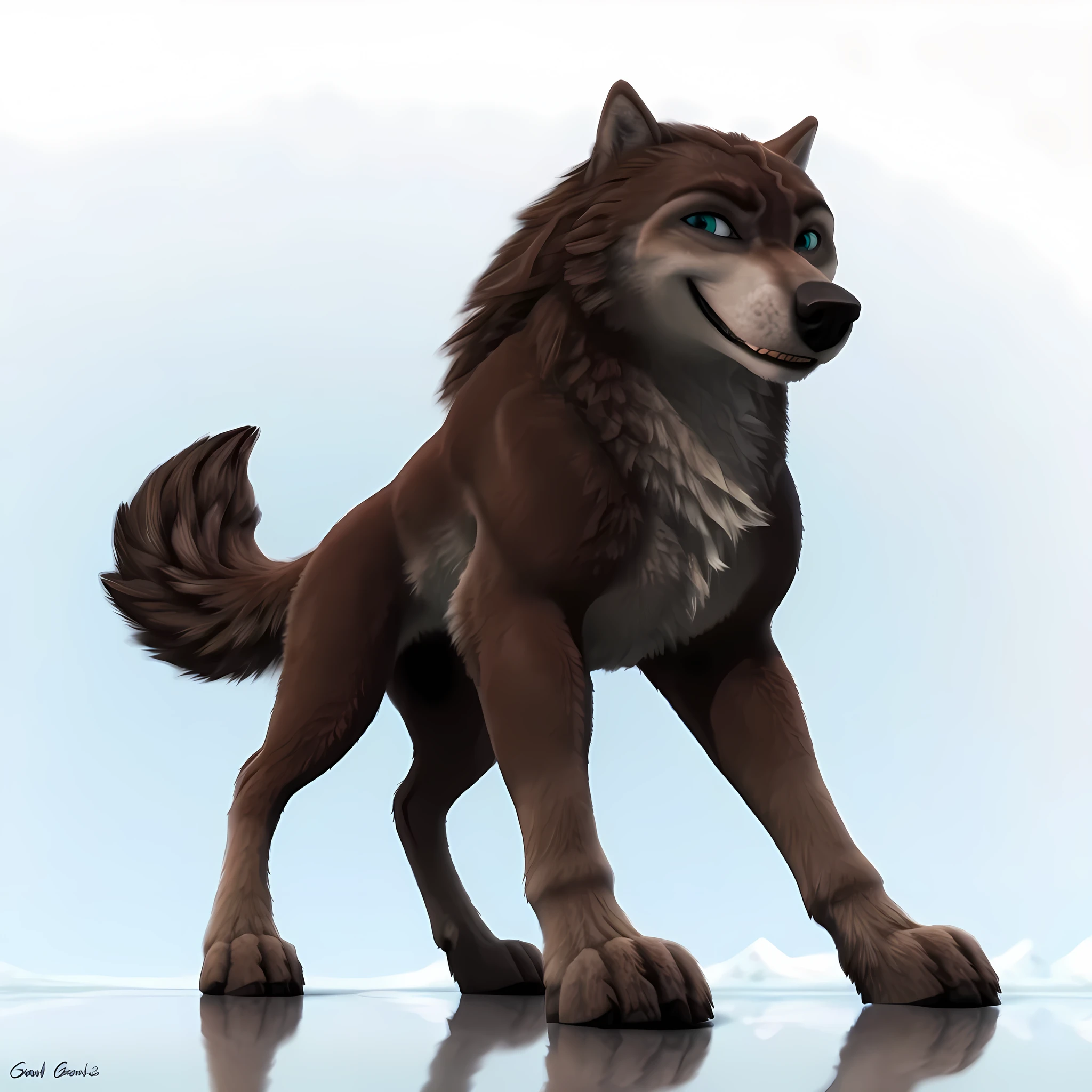 Garth, detailed fur, male, (feral, feral body):1.1, simple background, white background, standing on ice, posing, confident, raised head, subtle smile, proud, wolf, full body:1.1, muscular, strong body, detailed eyes, solo, looking at viewer, (lifting paw, raised paw):1.1, grin, (muscular feral, muscular shoulders, muscular forelegs, muscular hindlegs, proud posture, strong body):1.2, brown fur, low-angle shot, tail, 