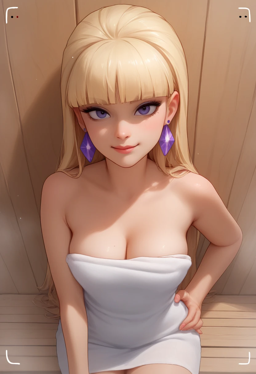 account_9, account_8_ex, account_7_ex, account_6_ex, account_5_ex, account_4_ex, pacifica, 1 girl, solo, long blonde hair with bangs, hand on hip, dark blue eyes, purple shadows, round lavender earrings, looks at the viewer, instagram model, simple sauna background, sexiest model. bathtowel, steam, wood