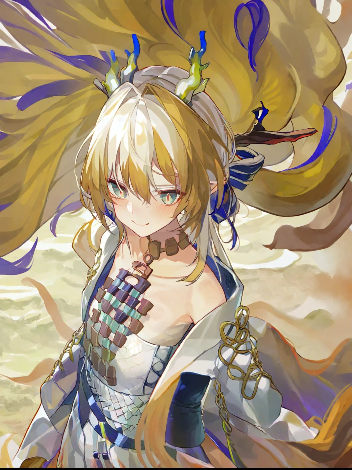 (1girl:1.2),(solo:1.2),masterpiece,best quality,highly detailed,best quality,illustration,highres,extremely detailed wallpaper,anime screencap,third- edit,dragon horns,long hair,multicolored hair,blonde hair,white background,slight smile,looking at viewer,