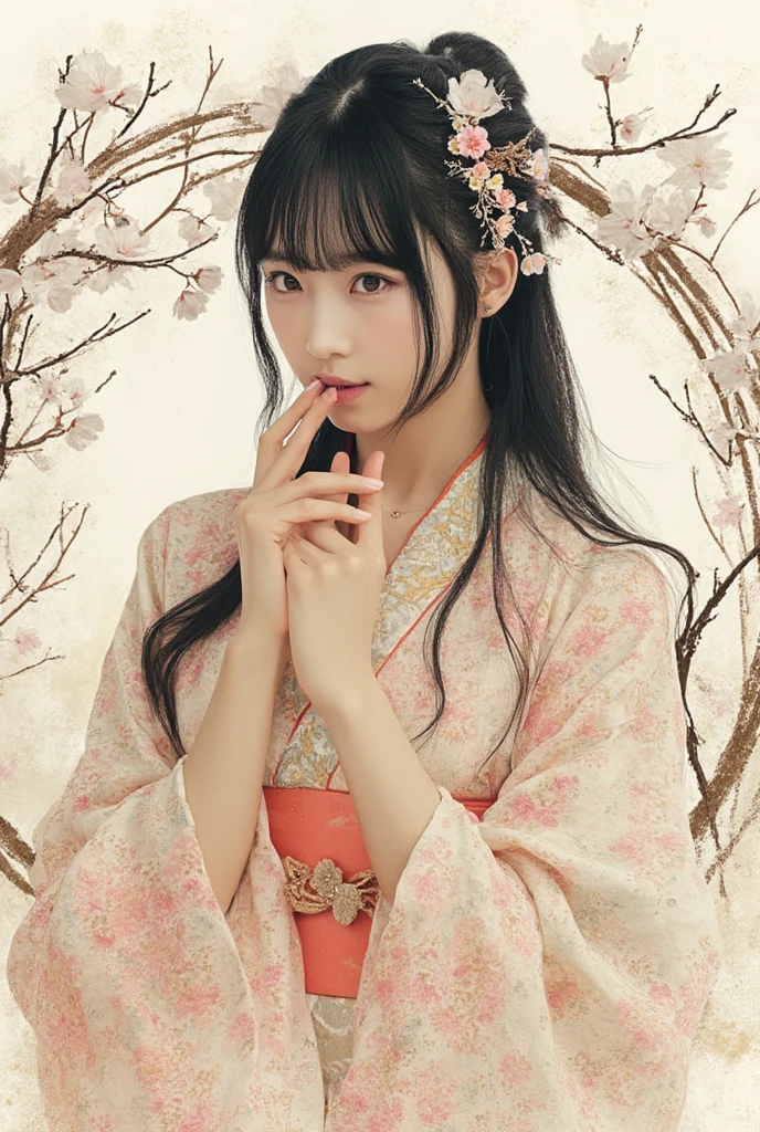 A mesmerizing, artistic depiction of a cute young East-Asian woman with bangs ,long black hair adorned with delicate floral hairpins, dressed in an intricately patterned kimono. She gazes softly yet thoughtfully, her hand resting gently on her chin, exuding a serene and introspective aura. The circular frame surrounding her is entwined with blossoming branches, creating a harmonious blend of traditional Japanese aesthetics and a dreamy, watercolor-like art style. The soft hues and subtle ink splatters add an ethereal, timeless quality to the scene.