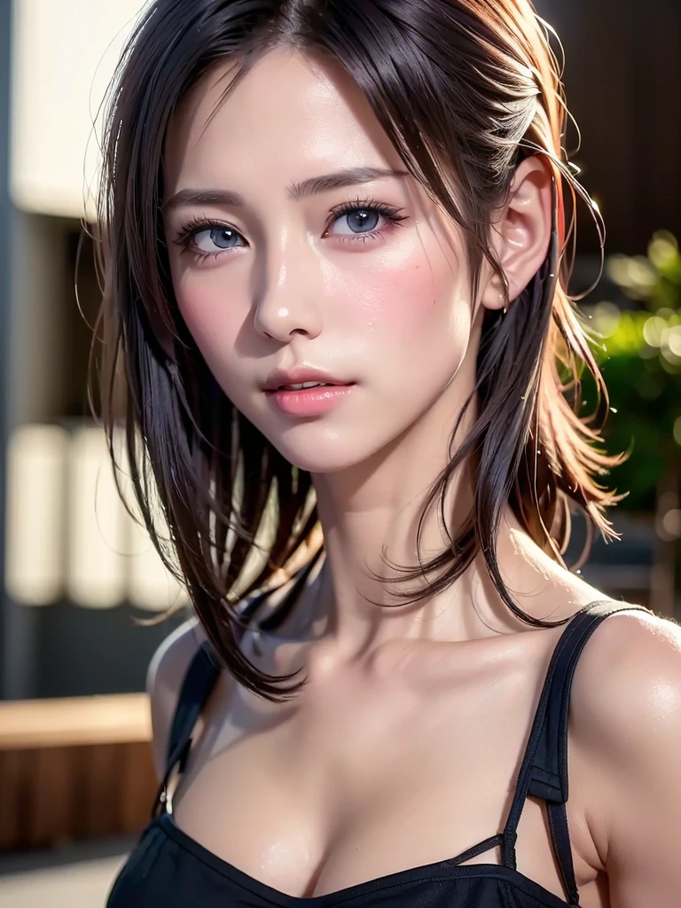 (masutepiece:1.3), (8K, Photorealistic, Raw photo, Best Quality: 1.4), (1girl in), Beautiful face, (Realistic face), (Black hair, Short hair:1.3), bikini of, Beautiful hairstyle, Realistic eyes, Beautiful detailed eyes, (Realistic skin), Beautiful skin, (Navy BL...