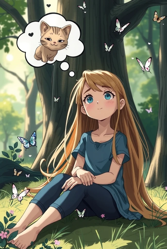 Sketch illustration. The image shows a young girl with long blonde hair, wearing a blue shirt and blue pants, sitting in a forest. She is daydreaming, and the thought bubble above her head shows a cute, smiling kitty cat. The forest is lush and green, with tall trees and a misty atmosphere. Several butterflies flutter around the girl and her thought bubble, adding a touch of whimsy to the scene. The colors are soft and muted, creating a peaceful and fairytale-like atmosphere. The image suggests a sense of hope and joy, as the girl imagines that she has a cute kitty cat. Disney studio style.