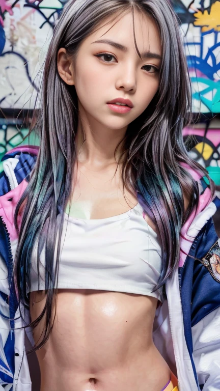 (Super detailed, ultra high resolution, detailed background),((2D)),(( flat color )),(( colorful )),((floating  colorful  water)),super close up of chest, focus on chest, One Girl, alone, Very detailed face, (head shot:1.5), Standing in front of a wall covered in hip hop graffiti, Cyberpunk neon cityscape,Pixie cut white hair, She is wearing a short neon tank top and an open hoodie, Nice ass, (flat chest:1.2), nsfw 