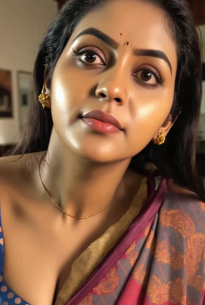 A woman with long dark hair wearing a colorful saree, leaning forward with her hands on her large breasts, downblouse creating a deep cleavage, extremely detailed face, beautiful detailed eyes, beautiful detailed lips, extremely detailed skin texture, intricate saree patterns, masterfully volumetric and tactile rendering, cinematic dramatic lighting, rich color palette, hyper-realistic, 8k, photorealistic, award-winning digital art