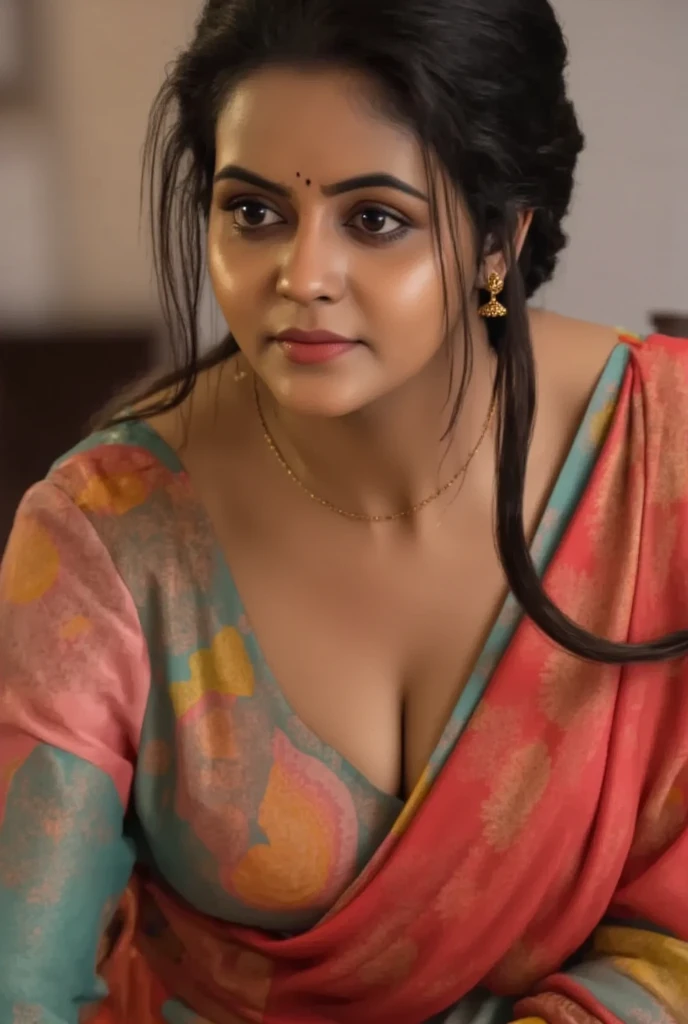 A woman with long dark hair wearing a colorful saree, leaning forward with her hands on her large breasts, downblouse creating a deep cleavage, extremely detailed face, beautiful detailed eyes, beautiful detailed lips, extremely detailed skin texture, intricate saree patterns, masterfully volumetric and tactile rendering, cinematic dramatic lighting, rich color palette, hyper-realistic, 8k, photorealistic, award-winning digital art