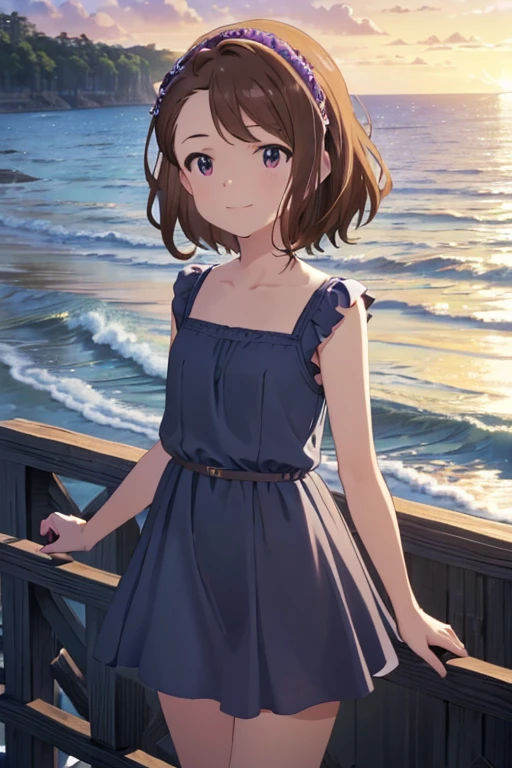 (masterpiece, Premium Quality: 1.2), Alone, strong,
  One Girl :  shiny brown hair ,  short hair, smile、Sparkling Eyes, (fine grain)、 super detailed eyes、 highly detailed face,  very detailed eyes,
  ocean，sunset， there are little stars in the sky ，There are waves  ， blue-purple camisole mini dress，  romantic atmosphere ,(Top quality details:1.2),From the back