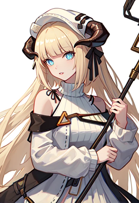 best quality, masterpiece, highres, solo, (nightingale_arknights:1.10), 1girl, bare shoulders, long sleeves, white dress, holding staff, horns through headwear, looking at viewer, simple background, parted lips, sleeveless, sweater, upper body, white background, birdcage, turtleneck, 1 