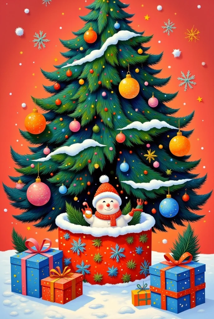 A colorful Christmas stocking and an adorable snowman placed inside a christmas tree on a surface covered with snow. The christmas tree is adorned with a bright red bow,adding a splash of vivid color to the scene. The background is a soft red,creating a warm and festive atmosphere. High quality,high resolution,photorealistic,detailed,vibrant colors,winter holiday theme,cheerful,cozy,artistic representation.