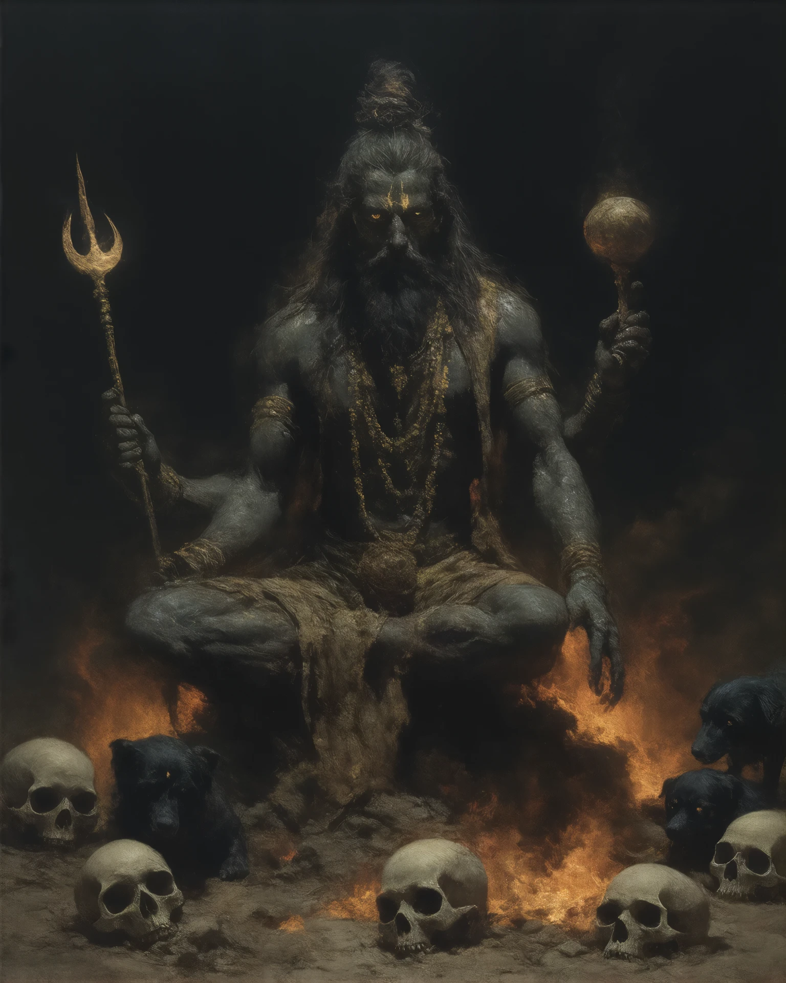 (masterpiece: 1.2), abstract acrylic painting art, hindu god, Kalbhairava, depicted seated in commaning pose on a burning (chitah) like structure. He has three eyes and is accompanied by his pet dog, Svan, in a crematorium, river passing through, his long hair,d ash-smeared skin, long beard, under the dark, moonlit sky. Dressed in a wearing a tiger-skin garment with golden edges, his muscular frame is adorned with rudraksha beads around neck and arms and a garland made of tiny skulls. His wild, flowing hair, twisted into topknot, a crescent moon on hair that emits a soft, divine glow. In one hand, he wields his mighty trident, and in the other, a damru (a small drum). Surrounding him are burning funeral pyres and scattered skulls, as black dogs prowl around him, their piercing eyes glowing in the dark. A slow, curving river flows nearby, reflecting the flickering flames. The air is heavy with smoke and ashes as Kalbhairav, the cosmic judge, evaluates the karmic deeds of wandering souls.