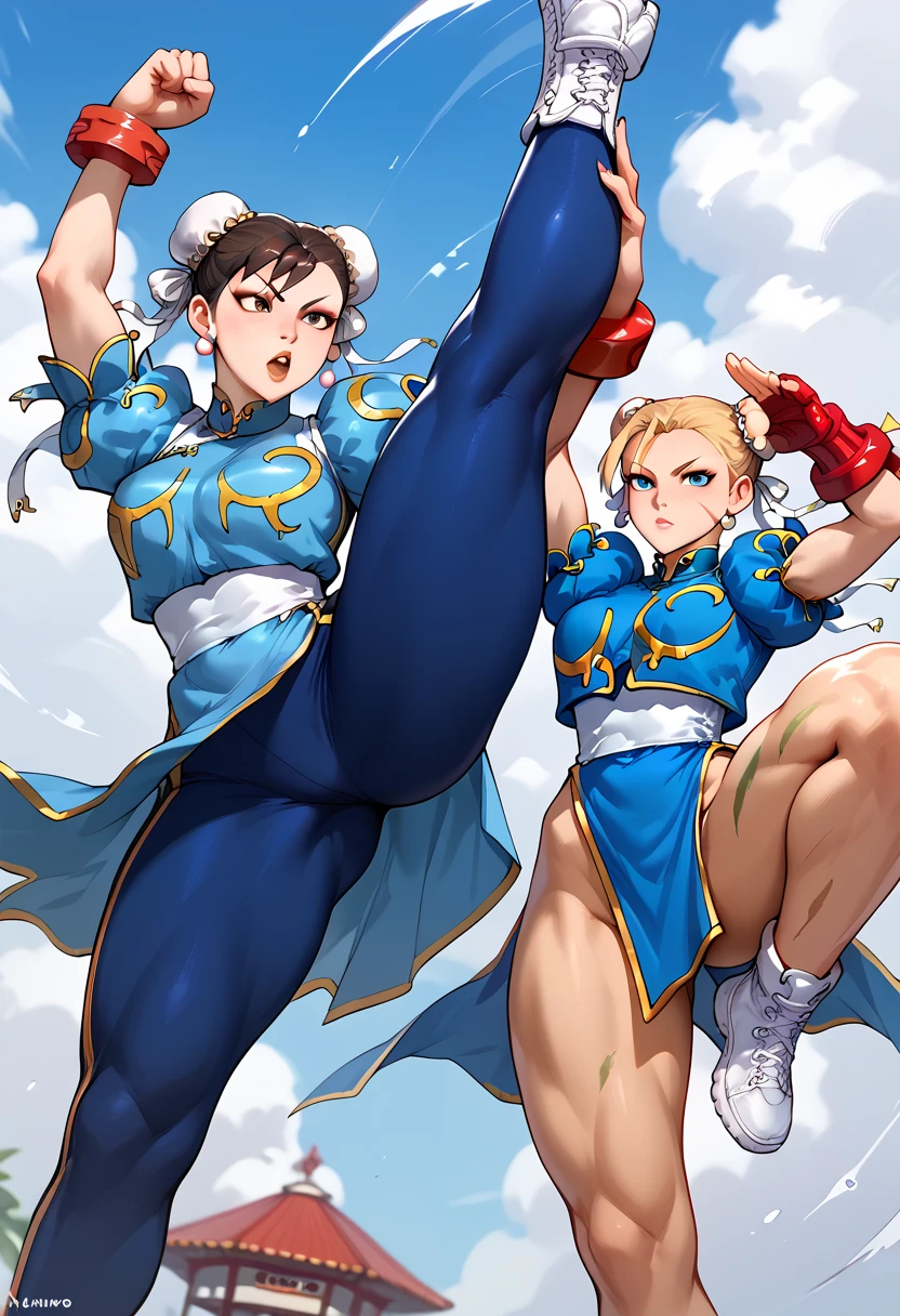two woman kissing each other hardly, masterpiece,best quality,extreme detail,8k,cammyfn, 1girl, solo, long hair, breasts, blue eyes, blonde hair, large breasts, gloves, red hat, braid, ahoge, twin braids, leotard, lips, makeup, beret, scar, antenna hair, nose, harness, huge ahoge, green leotard,sleeveless, sweaty,sweat, exhausted,sleeveless,cross eye, full body , and 1girl, (solo:1.2), (jumping:1.3), (mid air:1.3), (cowboy shot:1.5), smile, happy, (masterpiece:1.3), (best quality:1.3), (perfect anatomy:1.4), highly detailed, chun li, brown eyes, short hair, brown hair, double bun, bun cover, blue dress, pelvic curtain, spiked bracelet, sash, brown pantyhose, (post fight scenery:1.3), rubble, outside, daylight, nyantcha, expressive faces, anime-inspired, (cell shading:1.2), lips, merging , merged from hips, kissing , kissed, kiss