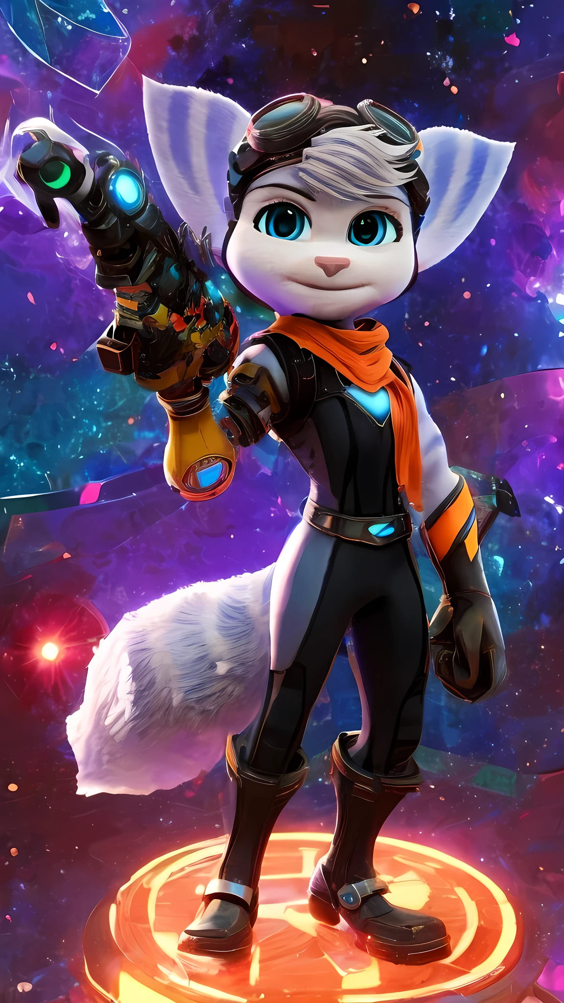 rivet, female focus, right mec arm, blue eyes, perfect eyes, black clothes, (smile), full body, standing, holding a futuristc weapon, sun, galaxy background, 4k, hyper detailed, front view,fox tail, camelos