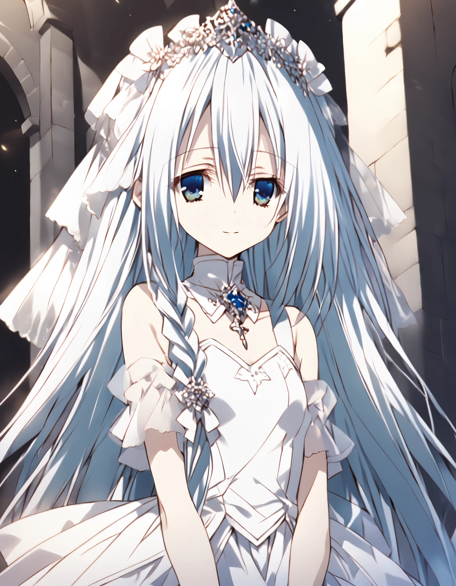 (((Terminus Est))), (((SEIREI TSUKAI NO BLADE DANCE))), beautiful, loli, lomg white hair, milky white skin, expressionless face, small smile, eyes that are blue with a tint of green, church, wedding, natural lighting, cinematic lighting, dark and moody, dramatic lighting, wedding dress, marriage ring, ball gown